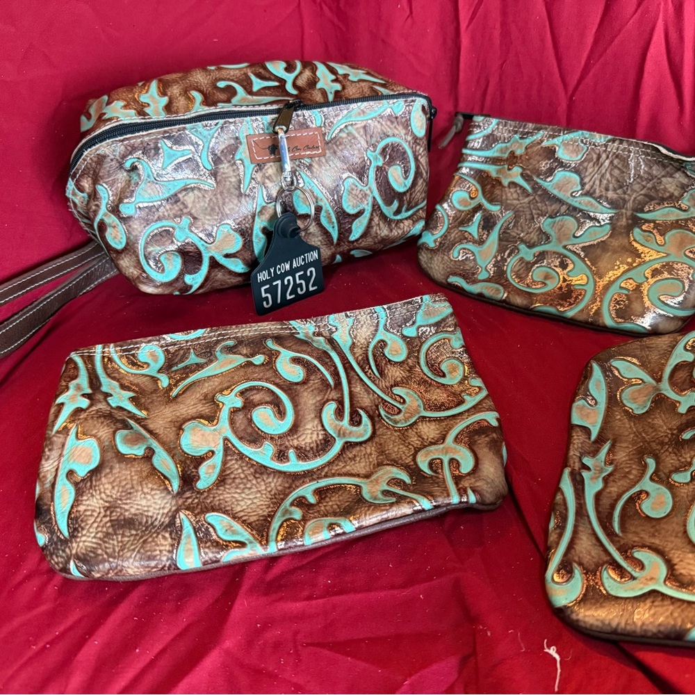 Holy Cow NEW Large Buckaroo Travel Set $275 Brown and Turquoise Patterned Bags
